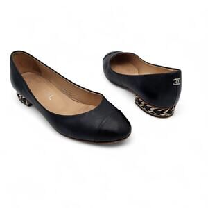 Chanel CC Cap Toe Ballet Flat Slipper Black Leather Chain Size 36.5 US 5.5 6